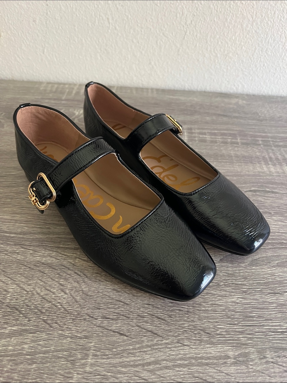 Sam Edelman Michaela Mary Jane Flats Black Crinkle Patent Leather Buckle Size 7